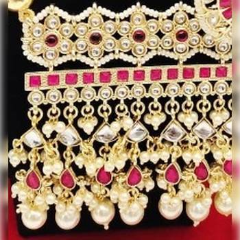 Luxury pearl rajasthani long Necklace :: - traditional gold-plated kundan with red stones - bridal wedding jewelry set 2