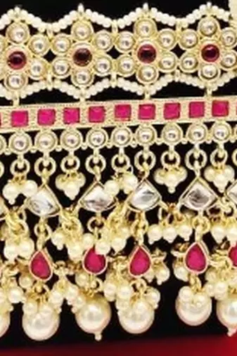 Luxury pearl rajasthani long Necklace :: - traditional gold-plated kundan with red stones - bridal wedding jewelry set