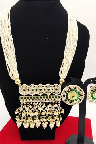 Luxury pearl rajasthani long necklace - traditional gold-plated kundan with green stones - bridal wedding jewelry set