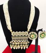 Luxury pearl rajasthani long necklace - traditional gold-plated kundan with green stones - bridal wedding jewelry set