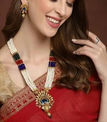 Traditional pearl rani haar with peacock pendant - multicolor beaded wedding Necklace :: set with designer earrings 1