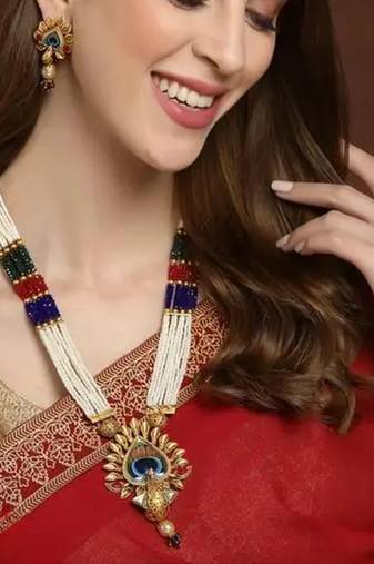 Traditional pearl rani haar with peacock pendant - multicolor beaded wedding necklace set with designer earrings