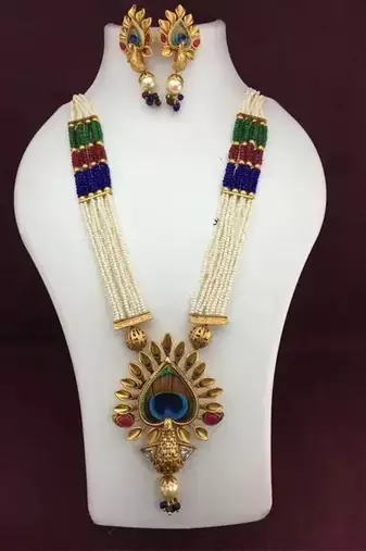 Traditional pearl rani haar with peacock pendant - multicolor beaded wedding Necklace :: set with designer earrings