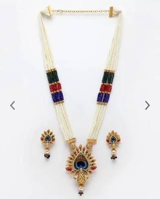 Traditional pearl rani haar with peacock pendant - multicolor beaded wedding Necklace :: set with designer earrings 3