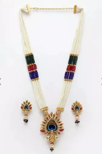 Traditional pearl rani haar with peacock pendant - multicolor beaded wedding Necklace :: set with designer earrings