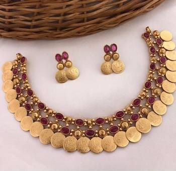 Antique gold temple coin necklace set with ruby  stones - traditional south indian multi-row bridal jewelry collection 1