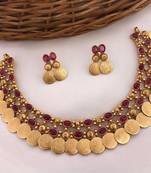 Antique gold temple coin necklace set with ruby  stones - traditional south indian multi-row bridal jewelry collection