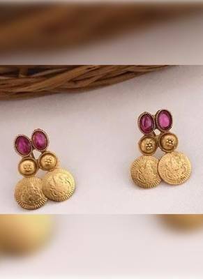 Antique gold temple coin necklace set with ruby  stones - traditional south indian multi-row bridal jewelry collection 2