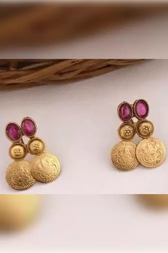 Antique gold temple coin necklace set with ruby  stones - traditional south indian multi-row bridal jewelry collection