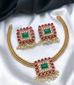 Square kundan necklace set multicolor stone gold-plated jewelry with pearl drops | traditional indian wedding collection