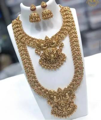 Antique gold long necklace set - traditional south indian temple design double layer bridal jewelry with lakshmi pendant 1
