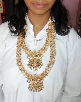 Antique gold long necklace set - traditional south indian temple design double layer bridal jewelry with lakshmi pendant 3