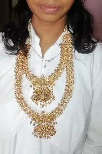 Antique gold long necklace set - traditional south indian temple design double layer bridal jewelry with lakshmi pendant