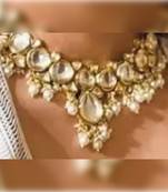 Classic gold-plated polki choker necklace with pearl clusters - elegant traditional wedding jewelry"