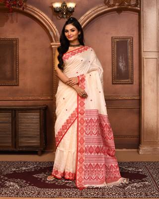 Off white tussar silk saree with blouse piece 2