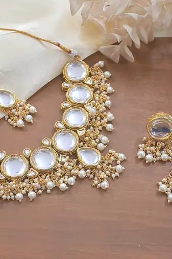 Classic gold-plated polki choker Necklace :: with pearl clusters - elegant traditional wedding jewelry"