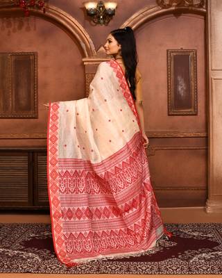 Off white tussar silk saree with blouse piece 4