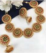 Antique gold floral round disc necklace set - kemp  stone traditional choker with earrings - handcrafted temple jewelry