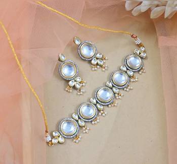 Luxury kundan choker necklace set with matching earrings - two-tone gold and silver designer indian wedding jewelry 1