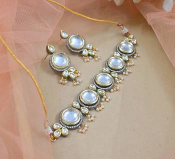 Luxury kundan choker necklace set with matching earrings - two-tone gold and silver designer indian wedding jewelry 2