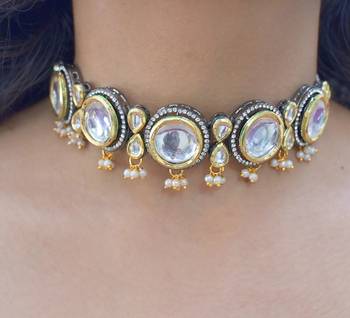 Luxury kundan choker necklace set with matching earrings - two-tone gold and silver designer indian wedding jewelry 3