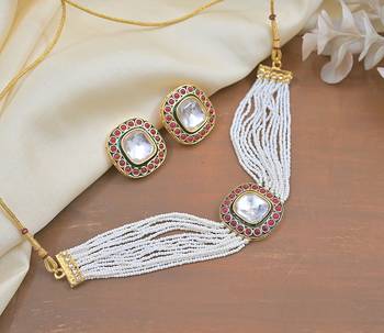 Handcrafted kundan pearl Necklace :: set with ruby red stones - traditional indian wedding jewelry with  earrings 1