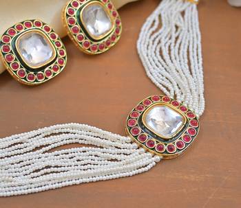 Handcrafted kundan pearl Necklace :: set with ruby red stones - traditional indian wedding jewelry with  earrings 2