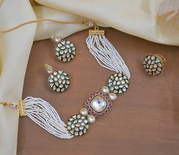 Luxury kundan pearl side Necklace :: set - handcrafted indian bridal jewelry with green meenakari and ruby accents 1