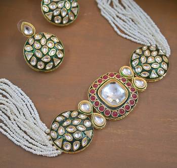 Luxury kundan pearl side Necklace :: set - handcrafted indian bridal jewelry with green meenakari and ruby accents 2