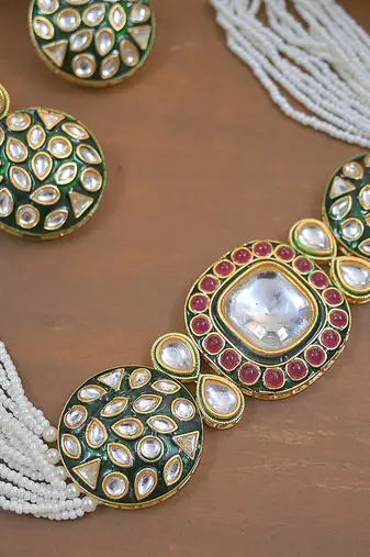 Luxury kundan pearl side Necklace :: set - handcrafted indian bridal jewelry with green meenakari and ruby accents