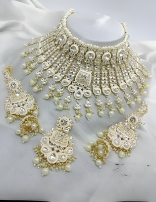 Ivory pearl kundan choker set - luxury bridal polki Necklace :: with chandelier earrings for wedding & special occasions 1