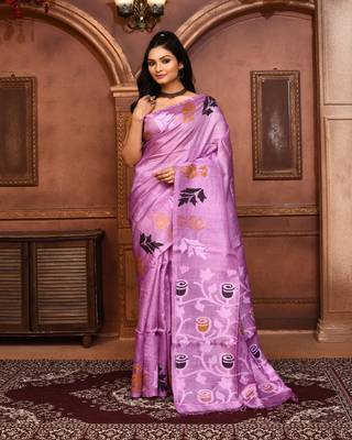 Purple tussar silk jamdani saree with blouse piece 1