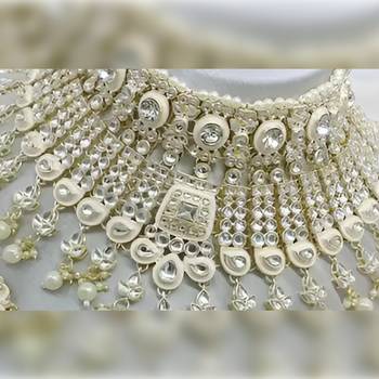 Ivory pearl kundan choker set - luxury bridal polki Necklace :: with chandelier earrings for wedding & special occasions 2