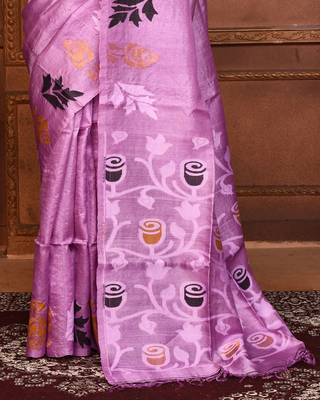 Purple tussar silk jamdani saree with blouse piece 3