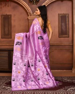 Purple tussar silk jamdani saree with blouse piece 4