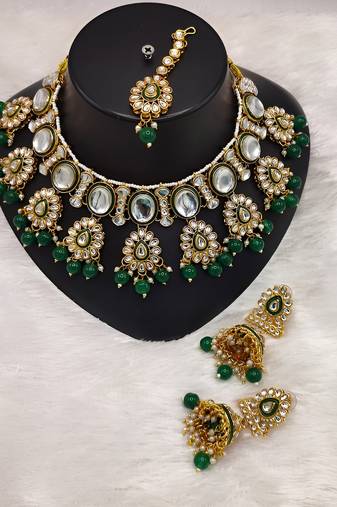 kundan pearl necklace set with maang tikka - designer meenakari wedding jewelry collection