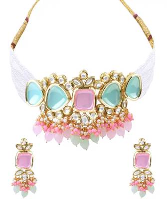 Elegant multi gold indian kundan choker Necklace :: and earring set 1