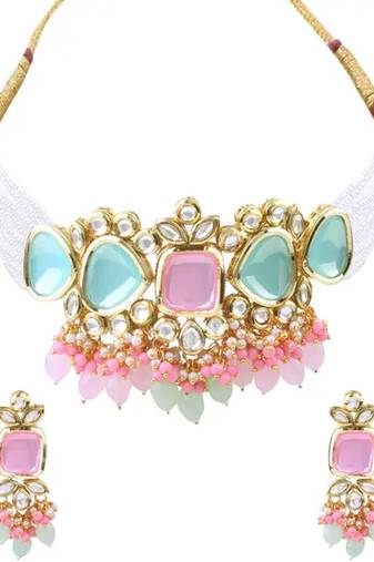 Elegant multi gold indian kundan choker necklace and earring set