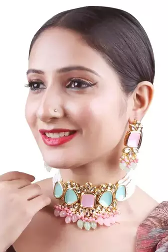 Elegant multi gold indian kundan choker Necklace :: and earring set