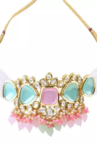 Elegant multi gold indian kundan choker Necklace :: and earring set
