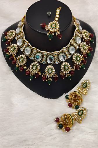 kundan pearl necklace set with maang tikka - designer meenakari wedding jewelry collection