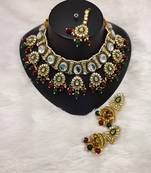 kundan pearl necklace set with maang tikka - designer meenakari wedding jewelry collection