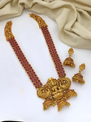 Temple gold lakshmi necklace with red stone - traditional indian handcrafted jewelry for wedding, festival & occasions 1