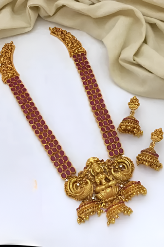 Temple gold lakshmi necklace with red stone - traditional indian handcrafted jewelry for wedding, festival & occasions