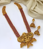 Temple gold lakshmi necklace with red stone - traditional indian handcrafted jewelry for wedding, festival & occasions