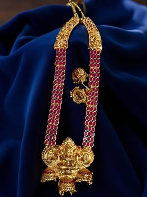 Temple gold lakshmi necklace with red stone - traditional indian handcrafted jewelry for wedding, festival & occasions 2
