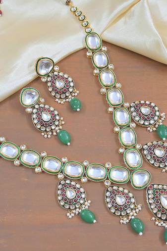 Handcrafted kundan necklace set with green onyx drops - traditional indian wedding jewelry set with matching earrings