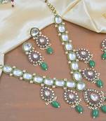 Handcrafted kundan necklace set with green onyx drops - traditional indian wedding jewelry set with matching earrings
