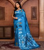 Turquoise blue tussar silk jamdani saree with blouse piece