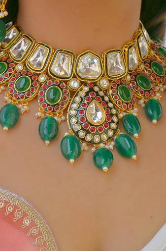 Emerald green kundan choker - handcrafted indian wedding necklace with crystal stones and pearl drops (gold-plated)